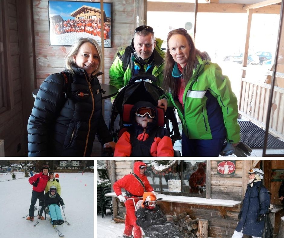 Top: Catherine with a beneficiary & family getting ready for a snow cart experience | Bottom left: Catherine with one of Ski 2 Freedom's first beneficiary's back in 2006 | Bottom right: Catherine catching up with local ESF handiski instructor
