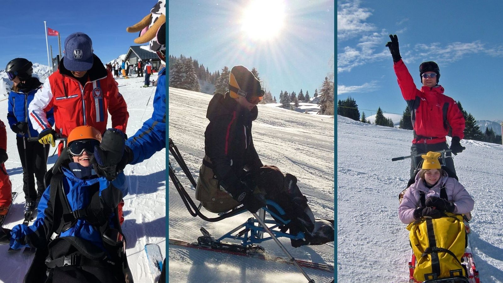 three images of Ski 2 Freedom beneficiaries enjoying their sit ski experiences with big smiles on their faces