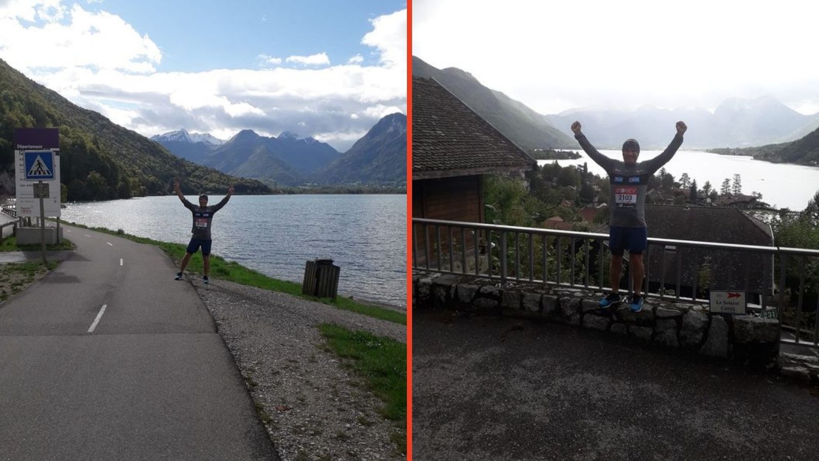 pictures of Mark during his run with long reaching views of Lake Annecy in the background