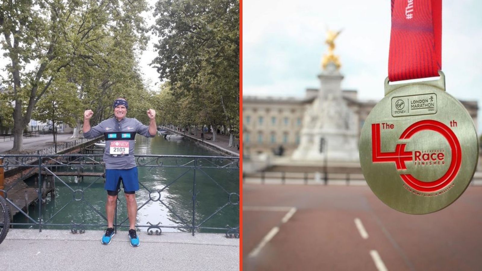 picture of Mark smiling at the end of his marathon & picture of the London Marathon medal