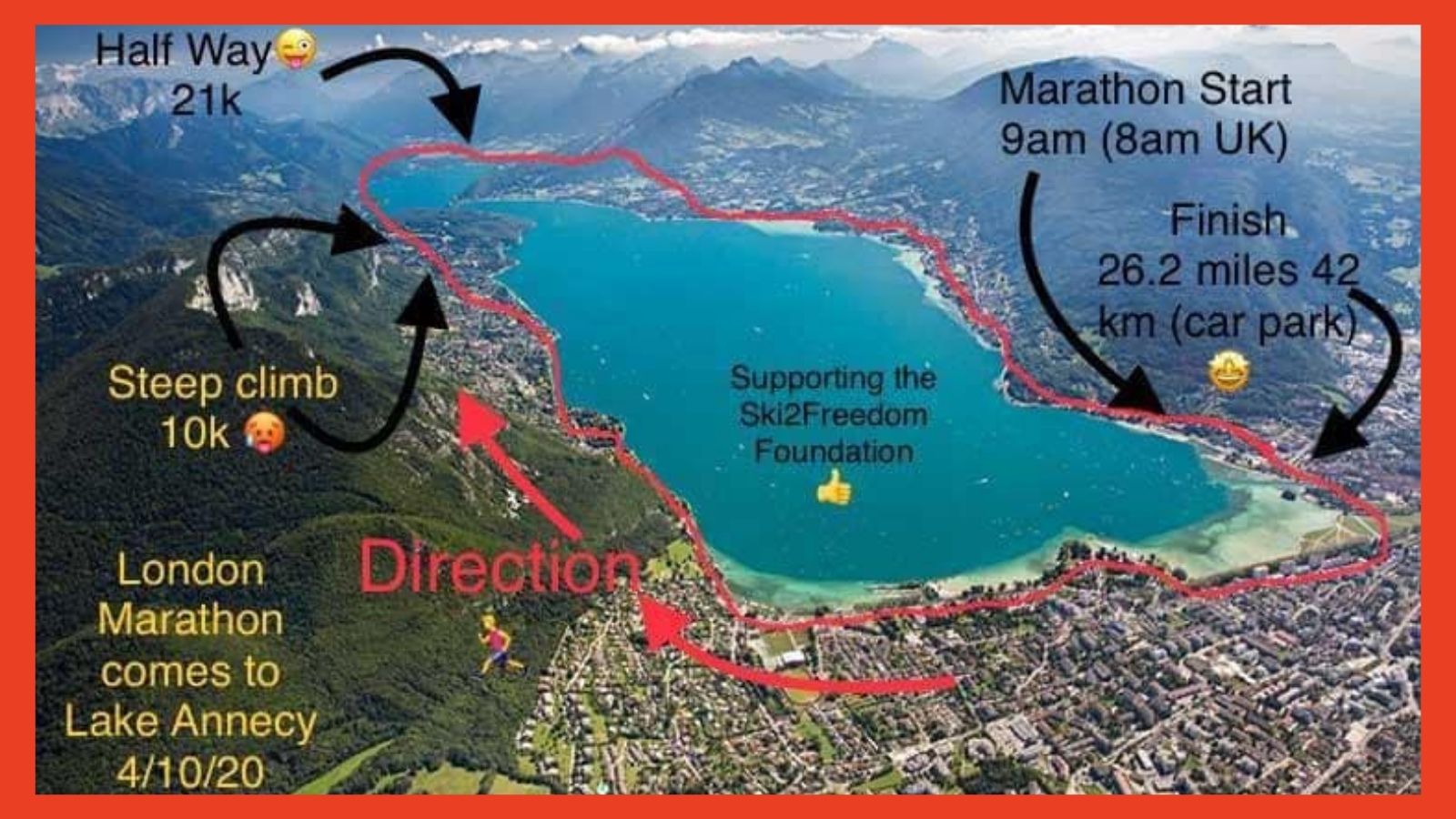 map showing Mark's running route around Lake Annecy - marking out the start, finish & climb section