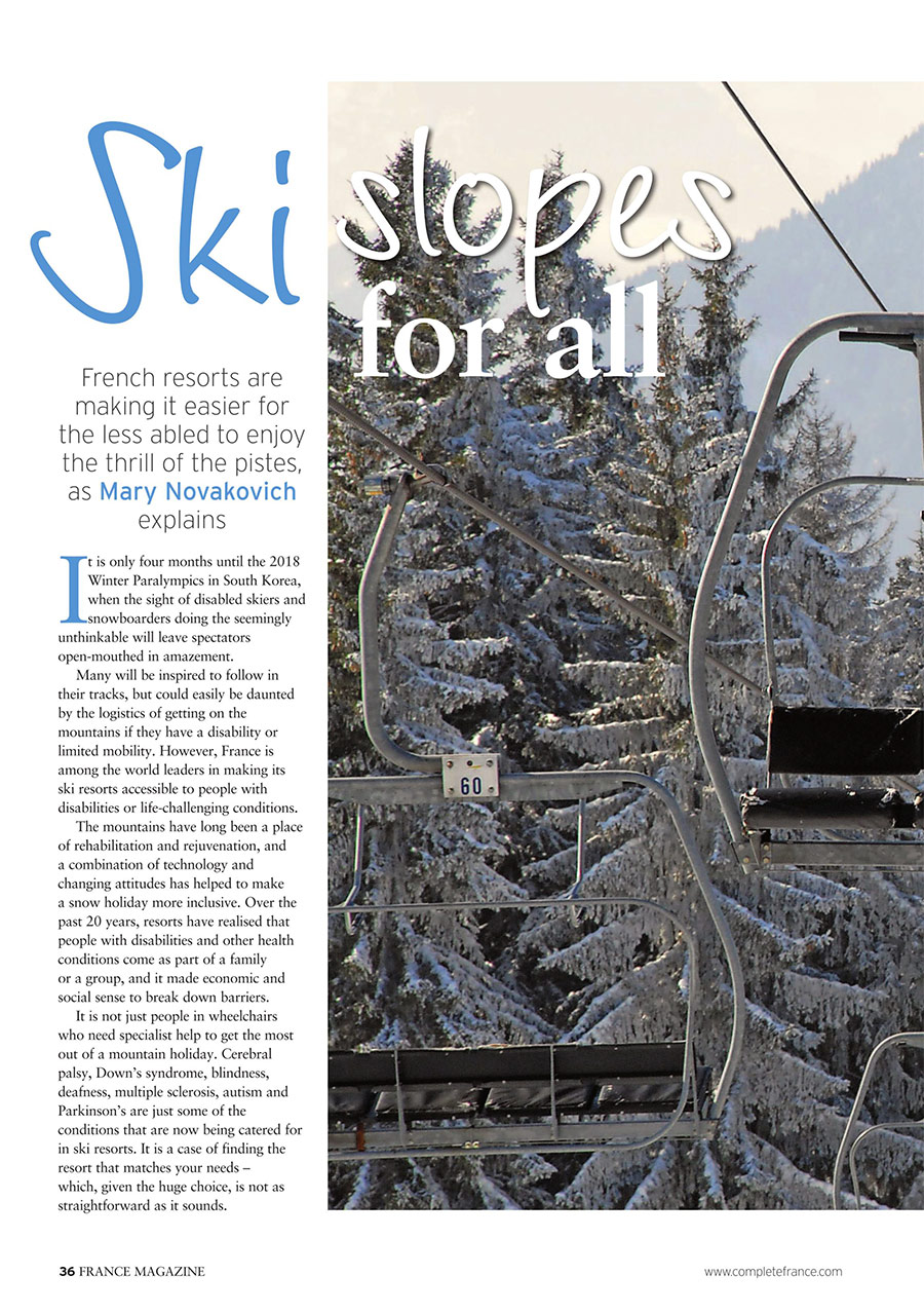 Page 1 of France magazine article about accessible skiing in France