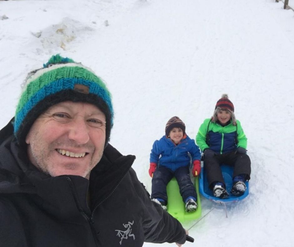 Ollie & Joe snow sledding with Dad