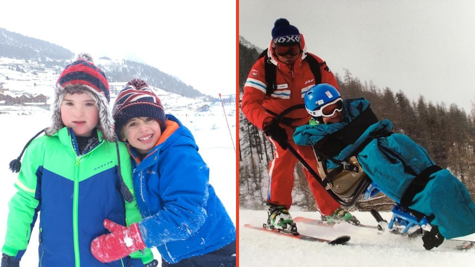 left - Ollie and brother Joe playing in the snow. right - Ollie being guided round the mountain by instructor Thomas