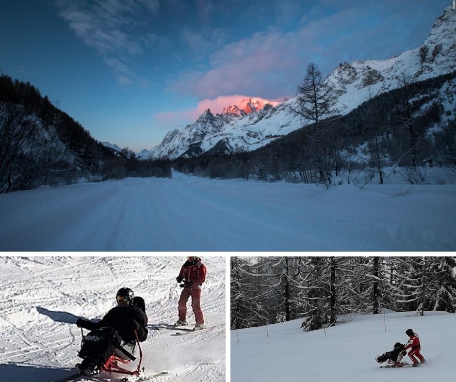 top image - mountain scene with sun setting, bottom left image - a beneficiary learning to ski a snow kart independently with instructor attached behind on rope, bottom right image - a beneficiary enjoying a guided sit ski experience