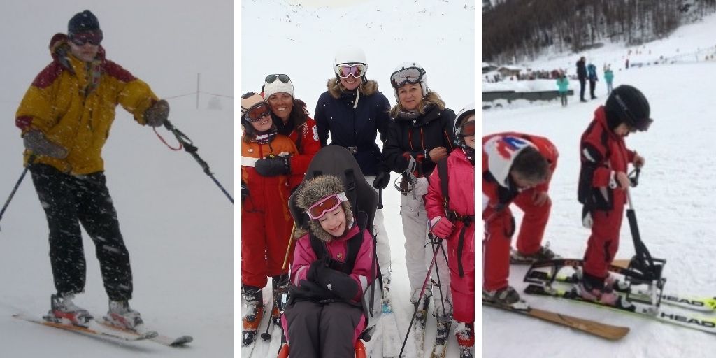 left image - amputee skiing, middle image - family enjoying skiing together including daughter in sit-ski, right image - young boy with cerebral palsy learning to ski